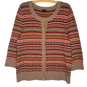 Talbots Size XL Fair Isle Wool Blend Cardigan Classic Autumn Sweater 3/4 Sleeve